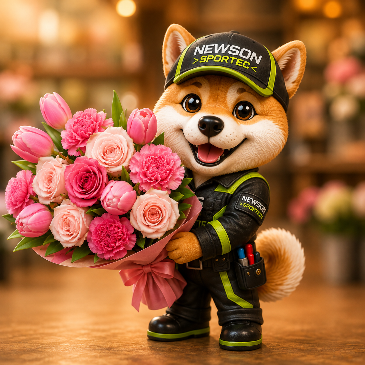 Newson Sportec mascot carrying flowers